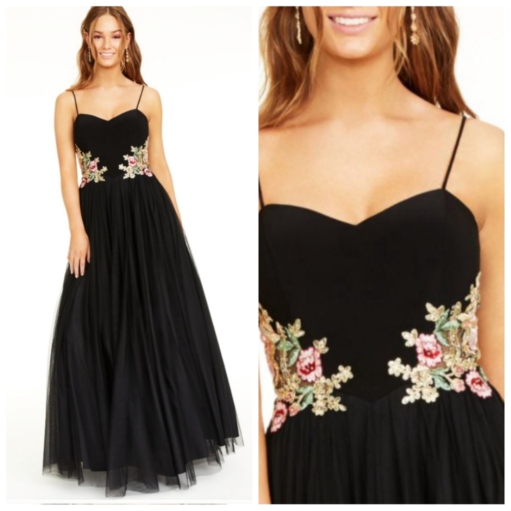 BLONDIE NITES Black floral mesh embroidered gown dress 3